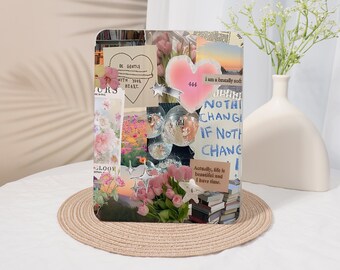 May include: A rectangular acrylic plaque featuring a collage of images including pink tulips, a disco ball, a heart shape with the number 444, and text that reads Be Gentle With Your Heart, I am a brutally soft, Nothing changes if nothing changes.