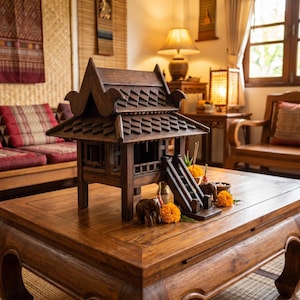 May include: A dark brown wooden spirit house model featuring a multi-tiered roof, a small staircase, and four support pillars. The structure is placed on a wooden table alongside two small carved elephant figurines and bright orange marigold flowers.