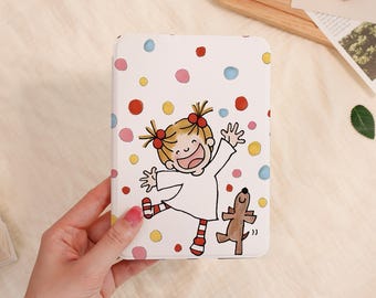 May include: White case featuring a cartoon girl and dog illustration. The girl has red hair ties and wears a white dress with red and white striped socks. The case is decorated with colourful polka dots.