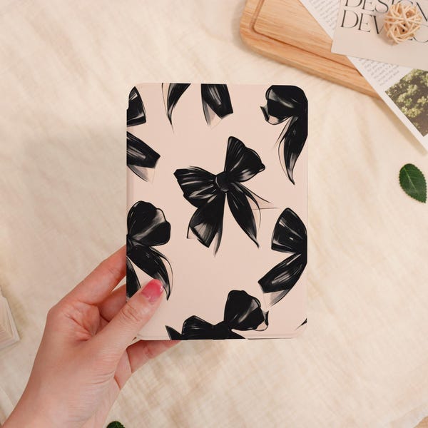 Personalized Elegant Black Bow Kindle/Kobo Case w Auto Wake For Kobo Clara/Libra,Kindle 8/10/11Gen,Paperwhite 12th/2024 11th(6.8")10th(6")
