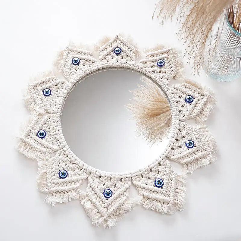 Miroir Rond Raphia 35 cm avec Tissage Macramé Bohème