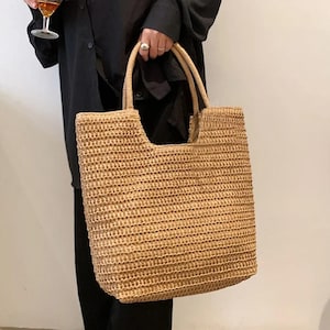 サック ボエーム アン パイユ - Grand Sac Crocheté avec Fermeture Éclair