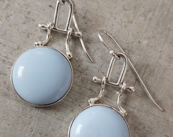 Vintage Baby Blue Glass Cabochon Earrings with Flair Hinge Accents - Handcrafted - Sterling Silver