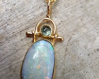 Multi-Color Australian Opal and Tourmaline Pendant in 18k and 14k - Minimalist - Simple - Hinged - Bezel Set