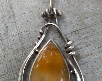 Banded Orange Agate Art Nouveau Inspired Delicate Pendant with Hinge in Sterling Silver