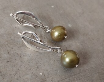 Wild Grass Post Earrings with Large Olive Pearl - Sterling Silver