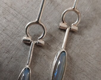 Simple Omega Hinge Stick Earrings with Vintage Glass Blue Flash Cabochons - Handcrafted