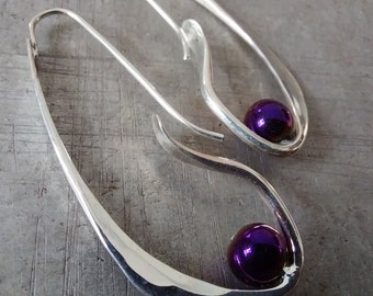 Sterling Silver Wild Grass Hoops with Purple Hematite - Earrings - Forged - Hammered