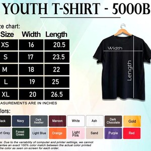 May include: Black youth t-shirt displayed on a hanger. The image includes a size chart with measurements in inches, ranging from XS to XL. Color options are listed, including black, navy, and red. The text "YOUTH T-SHIRT - 5000B" is at the top.
