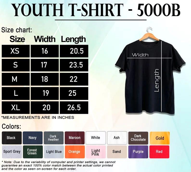 May include: Black youth t-shirt displayed on a hanger. The image includes a size chart with measurements in inches, ranging from XS to XL. Color options are listed, including black, navy, and red. The text "YOUTH T-SHIRT - 5000B" is at the top.