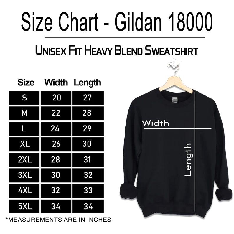 May include: Black Gildan 18000 Unisex Fit Heavy Blend Sweatshirt size chart. Measurements are in inches. Sizes range from S (20" width, 27" length) to 5XL (34" width, 34" length).