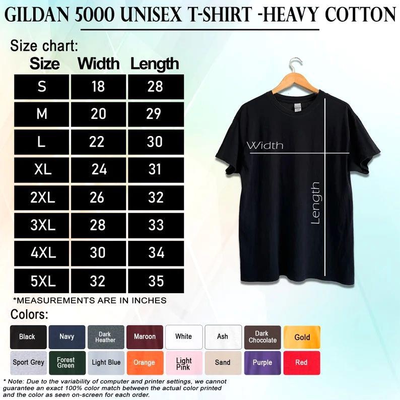 May include: Black Gildan 5000 unisex t-shirt hanging on a wooden hanger. The image includes a size chart with measurements in inches, and a color palette with options like black, navy, and orange. The shirt is made of heavy cotton.
