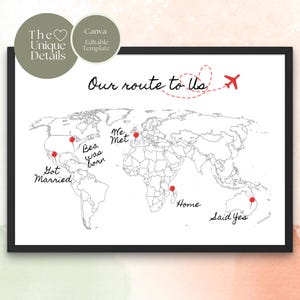 Familienereignisse abgebildet - Our Life Route Weltkarte, Pin spezielle Orte, bearbeitbare druckbare Lagekarte, 4 Größen digitale Datei Canva Vorlage