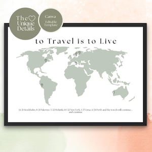 Rastreador de Viagens pelo Mundo - Mapa personalizado para impressão. Onde estive - marque os lugares visitados. Mapa editável e para impressão. Modelo digital Canva em 4 tamanhos.