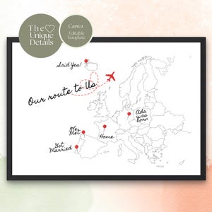 Our Route - life highlights Europe map. Custom EU map to Special Family places. Editable Printable poster, 2 sizes digital Canva template