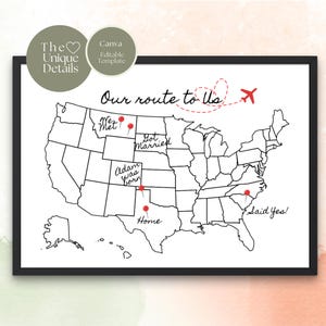 Unsere Route zu Uns - Wo alles begann. Passen Sie die US-Karte mit Life Ereignissen an. Bearbeitbares druckbares USA-Kartenplakat, 2 Größen digitale Canva-Vorlage.