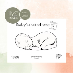 Modello per neonato con dettagli sulla nascita - Poster modificabile con le statistiche del bambino, regalo per neonati con arte digitale stampabile, modello per tema natale Canva, 4 dimensioni.