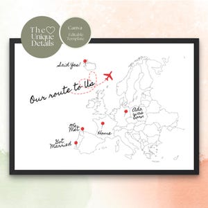 Our Route - life highlights Europe map. Custom EU map to Special Family places. Editable Printable poster, 2 sizes digital Canva template