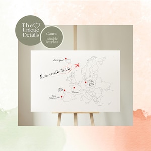 Unsere Route - das Leben hebt Europa hervor. Benutzerdefinierte EU-Karte für spezielle Familienorte. Bearbeitbares druckbares Poster, 2 Größen digitale Canva-Vorlage