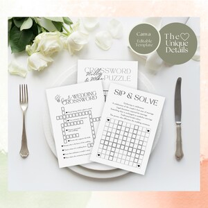 B&W Editable Wedding Game Bundle - Word Searches, Bingos and Crossword Puzzles. Bridal Shower Table Game Canva Template A5 + Halfletter size
