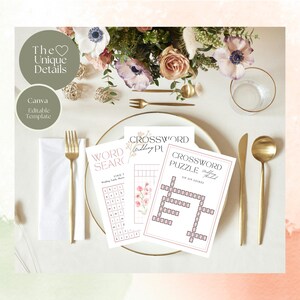 Wedding Game Template - Bundle: 3x Word Search & 3x Crossword Puzzle. Editable Bridal Shower Table Game Canva Template A5 + Halfletter sizes