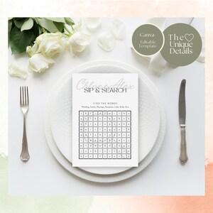 Editable B&W Wedding Games | Bingo, Crossword Puzzle and Word Search, Personable Canva Template for Bridal Shower and Table Games, 2 sizes.