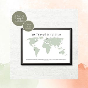 Rastreador de mapa de viagens pelo mundo: fixe lugares visitados - modelo Canva editável e imprimível, 4 tamanhos
