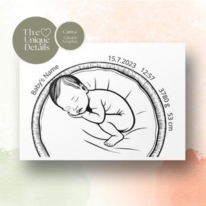 Modello con i dettagli della nascita - Poster modificabile con le statistiche del neonato, Arte digitale stampabile per la culla del bambino, Modello per tema natale Canva, 4 dimensioni.
