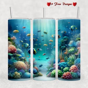 Tropical Coral Reef Tumbler PNG, 20oz Skinny Tumbler, Seamless Ocean Wrap + 9 FREE Designs – Vibrant Fish, Sea Life & Underwater Sublimation