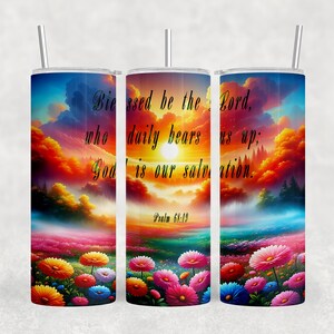 Christian Tumbler Wrap – Psalm 68:19 PNG, &quot;Blessed Be the Lord&quot; | 20oz Skinny Tumbler Wrap | Scripture Sublimation