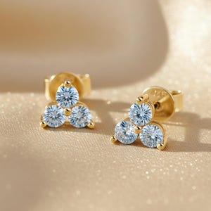 Trinity Moissanite Stud Earrings, Gold Clover Studs, Dainty Gift