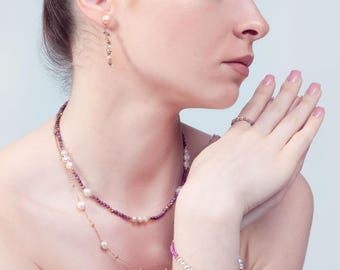 Parure di gioielli di perle placcate oro 14K: perle d'acqua dolce e quarzo rosa