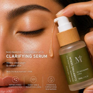 May include: A skincare serum bottle with a dropper, labelled "Clarifying Serum" with "Niacinamide + Hyaluronic Acid." The text also mentions "Refines Pores & Smooths Skin." The bottle is 30ml.