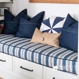 Sunbrella Striped 4&quot; Custom Size Window Seat Cushion - Made to Order- Bench Cushion - Bay Window Cushion - Sitting Pad - Indoor Cushion