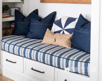 Sunbrella Striped 4&quot; Custom Size Window Seat Cushion - Made to Order- Bench Cushion - Bay Window Cushion - Sitting Pad - Indoor Cushion