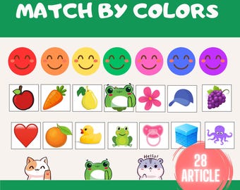 May include: A colourful educational game for kids featuring a matching activity. The game includes a variety of images, including a red apple, a yellow duck, a blue hat, and a purple grape. The game is designed to help children learn about colours and matching.