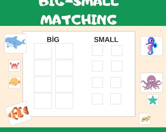May include: A printable worksheet for children to practise matching big and small sea creatures. The worksheet features a shark, crab, pufferfish, clownfish, seahorse, octopus, starfish, and turtle.