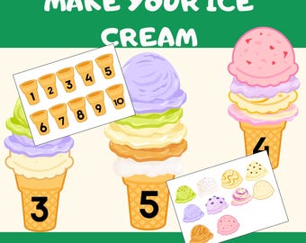 May include: Make your own ice cream with this printable activity.  The image shows three ice cream cones with different numbers of scoops.  There are also number cards to help count the scoops.