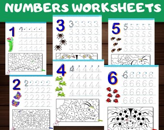 May include: Six printable worksheets for children to practise writing numbers 1 to 6. Each worksheet features a different animal and dotted lines to trace the numbers. The animals include a caterpillar, butterfly, spider, grasshopper, bee, and ladybug.