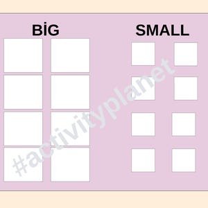 Może przedstawiać: R&oacute;żowa tabela z napisami "BIG" i "SMALL" u g&oacute;ry. Pod "BIG" znajdują się cztery puste kwadraty, a pod "SMALL" sześć pustych kwadrat&oacute;w.