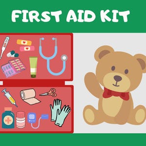 May include: A red first aid kit containing a range of medical supplies, such as bandages, gauze, a thermometer, a stethoscope, and a syringe. The kit is open, revealing the contents. A brown teddy bear with a red bow tie is positioned next to the kit.
