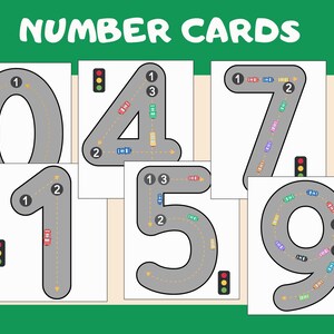 Nummer-Verfolger-Karteikarten, Autos Straßen druckbar, Zahlen zählen, Montessori Homeschool, Kleinkind-Vorschule Kindergarten, digitaler Download