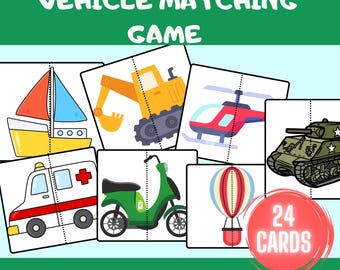 May include: A set of 24 vehicle matching cards for children. The cards feature colourful illustrations of different vehicles, including a sailboat, excavator, helicopter, tank, ambulance, scooter, hot air balloon, and more.