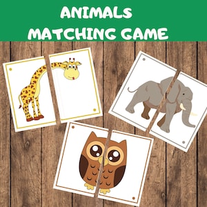 48 Animals Matching Game For Kids, Symmetry Puzzle, Match Picture Card, Farm Safari Zoo, Printable Toddler Preschool Montessori Flashcards