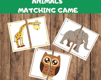 48 Animals Matching Game For Kids, Symmetry Puzzle, Match Picture Card, Farm Safari Zoo, Printable Toddler Preschool Montessori Flashcards