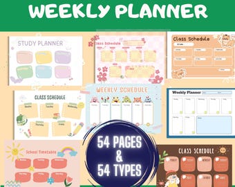 May include: A collection of 54 printable weekly planner pages featuring different designs. The pages include a variety of layouts for study, class, and weekly schedules. The designs feature cute cartoon characters and bright colours.