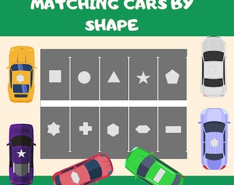 May include: A matching game for children featuring colourful cars with different shapes on top. The game is called "Matching Cars by Shape".