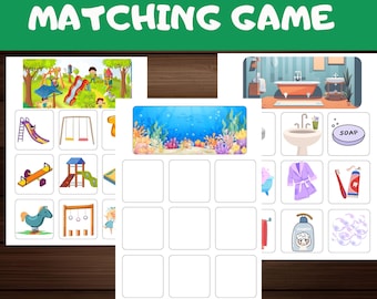 May include: A matching game featuring colourful illustrations of a playground, a bathroom, and an underwater scene. The game includes a variety of objects to match, such as a slide, a swing set, a bathtub, a toothbrush, and a fish.