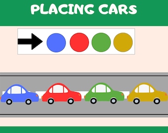 May include: A game for children to learn about colours and order.  The game shows four cars in a line, each a different colour: blue, red, green, and yellow.  Above the cars are four circles, each a different colour: blue, red, green, and yellow.  An arrow points to the left, indicating the direction the cars should be placed.