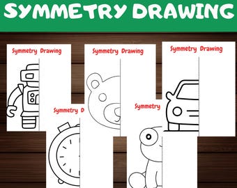 May include: A printable worksheet for children to practise symmetry drawing. The worksheet features four images: a robot, a bear, a car, and a turtle. Each image is divided in half with a vertical line, and the left side of each image is drawn, while the right side is blank for the child to complete.